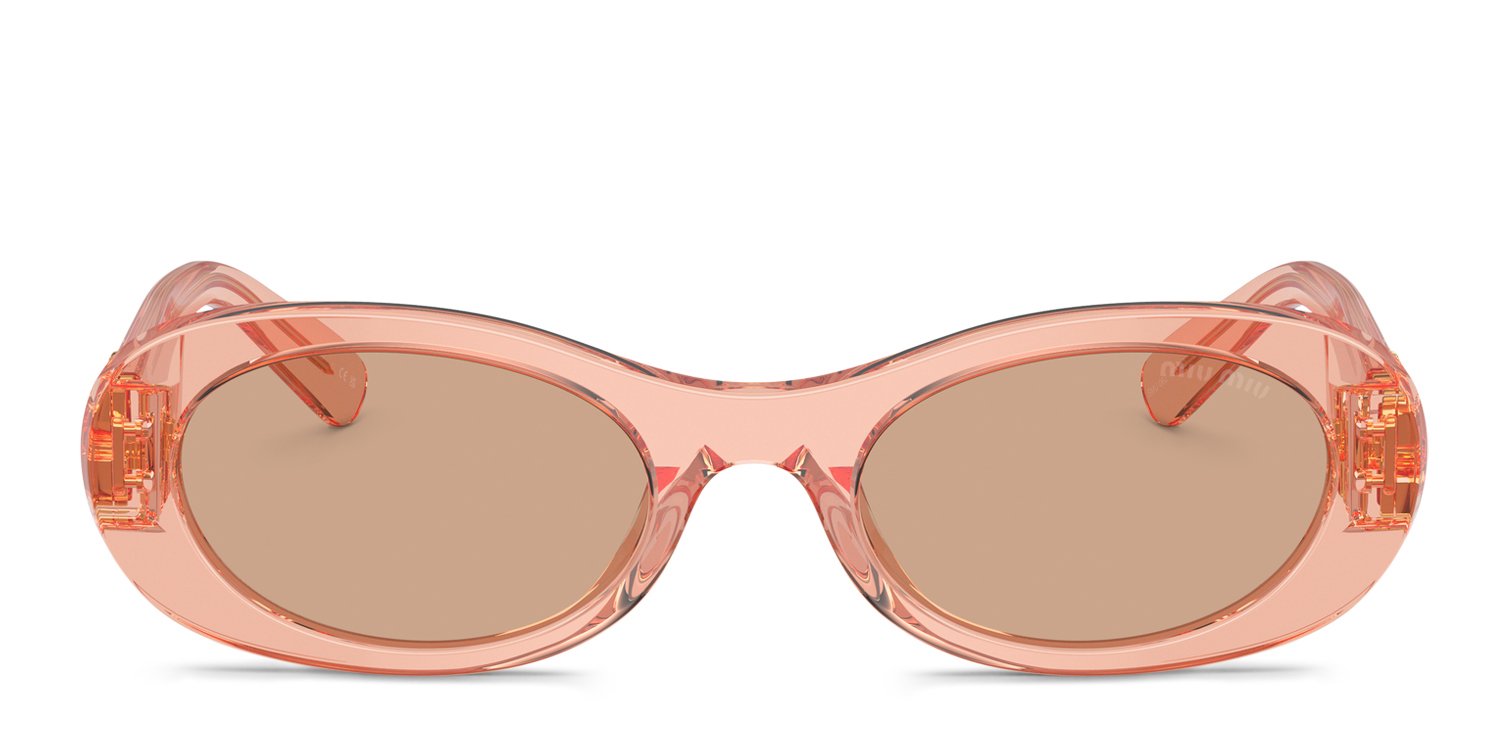 Miu Miu MU06ZS clear frame with dark brown lenses. Lenses provide